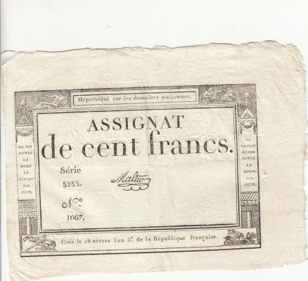 France 100 Francs - 18 Nivose An III - (07.01.1795) - Sign. Malter - Série 5255