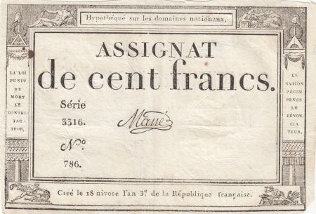 France 100 Francs - 18 Nivose An III - (07.01.1795) - Sign. Mane - Série 3316