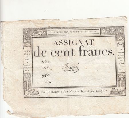 France 100 Francs - 18 Nivose An III - (07.01.1795) - Sign. Masse - Série 3506