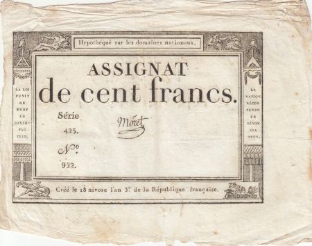 France 100 Francs - 18 Nivose An III - (07.01.1795) - Sign. Moret - Série 425