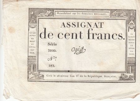 France 100 Francs - 18 Nivose An III - (07.01.1795) - Sign. Ogé - Série 3920