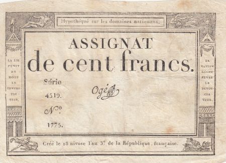 France 100 Francs - 18 Nivose An III - (07.01.1795) - Sign. Ogé - Série 4519