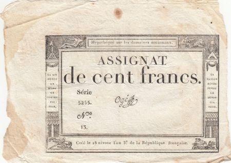 France 100 Francs - 18 Nivose An III - (07.01.1795) - Sign. Ogé - Série 5255