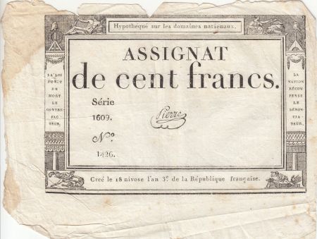 France 100 Francs - 18 Nivose An III - (07.01.1795) - Sign. Pierre - Série 1609