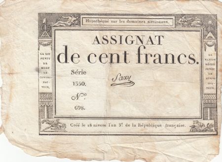 France 100 Francs - 18 Nivose An III - (07.01.1795) - Sign. Saxy - Série 1350