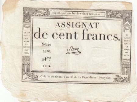 France 100 Francs - 18 Nivose An III - (07.01.1795) - Sign. Saxy - Série 3420