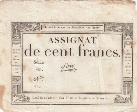 France 100 Francs - 18 Nivose An III - (07.01.1795) - Sign. Saxy - Série 461