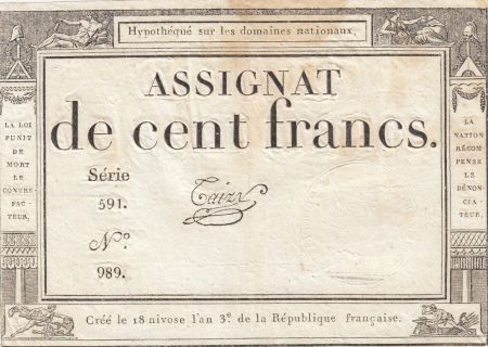 France 100 Francs - 18 Nivose An III - (07.01.1795) - Sign. Taizy - Série 591