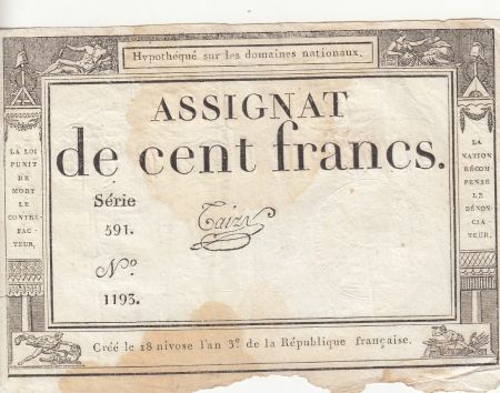 France 100 Francs - 18 Nivose An III - (07.01.1795) - Sign. Taizy - Série 591