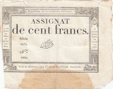 France 100 Francs - 18 Nivose An III - (07.01.1795) - Sign. Tuet - Série 1879