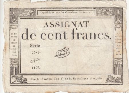 France 100 Francs - 18 Nivose An III - (07.01.1795) - Sign. Tuet - Série 3578