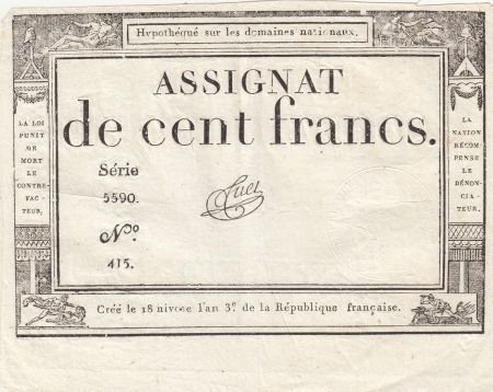 France 100 Francs - 18 Nivose An III - (07.01.1795) - Sign. Tuet - Série 5590