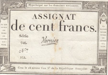 France 100 Francs - 18 Nivose An III - (07.01.1795) - Sign. Varnier - Série 946