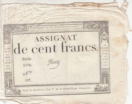 France 100 Francs - 18 Nivose An III - (07.01.1795) - Sign. Vienoz - Série 3578