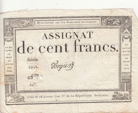 France 100 Francs - 18 Nivose An III - (07.01.1795) - Sign. Vorgier - Série 5255