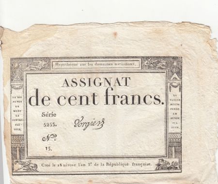 France 100 Francs - 18 Nivose An III - (07.01.1795) - Sign. Vorgier - Série 5255