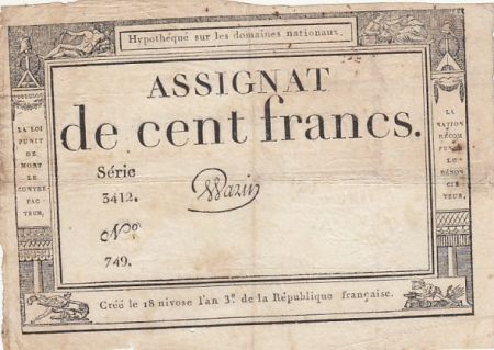 France 100 francs - 18 Nivose An III - 1794 - Sign. Warin - Série 3412