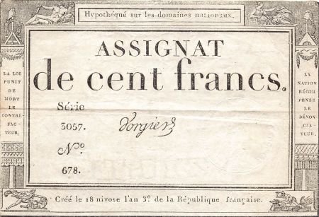 France 100 Francs - 18 Nivôse l\'An 3 - Sign. Vorgier - Série 3057