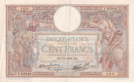 France 100 Francs - Luc Olivier Merson - 05-01-1939 - Série Y.62936