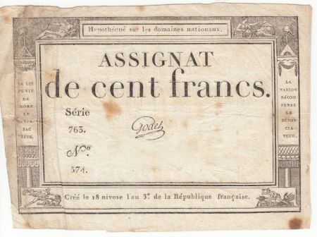 France 100 Francs 18 Nivose An III - 7.1.1795 - Sign. Godet