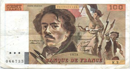 France 100 Francs Delacroix - 1978 Série K.3 - Non Hachuré - TB +