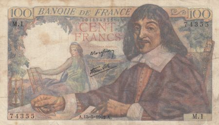 France 100 Francs Descartes - 15-05-1942 Série M.1 - TB+