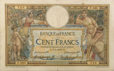 France 100 Francs Luc Olivier Merson - sans LOM - 02-06-1909 Série P.860 - TB