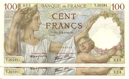 France 100 Francs Sully - 02-04-1942 - Paire de n° consécutifs Neuf