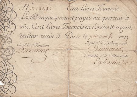 France 100 Livres - Banque de Law - Gravé - 01-08-1719 - n°718382