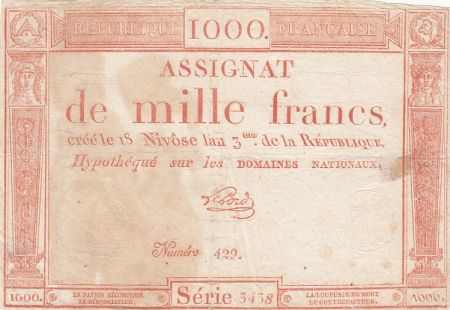 France 1000 francs - 18 Nivose An III (7.1.1795) - Sign. Lehord