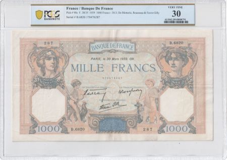 France 1000 francs - Cérès et Mercure - 30-03-1939 - Série B.6820 - PCGS 30 VF - P.90c