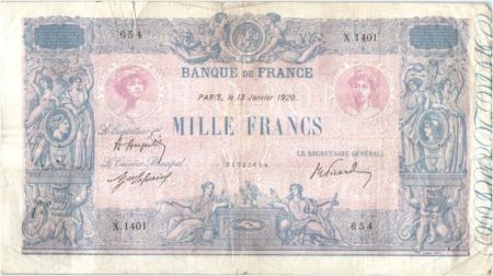 France 1000 Francs Rose et Bleu - 13-01-1920 Série X.1401