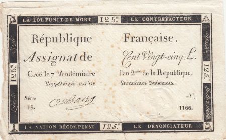 France 125 Livres - 7 Vendémiaire An II - 1793 - Sign. Aubourg - Série 13