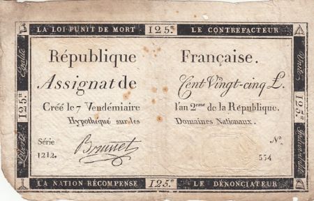 France 125 Livres - 7 Vendémiaire An II - 1793 - Sign. Brunet - Série 1212