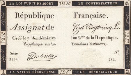 France 125 Livres - 7 Vendémiaire An II - 1793 - Sign. Duboille - Série 2554