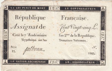 France 125 Livres - 7 Vendémiaire An II - 1793 - Sign. Falheau - Série 13