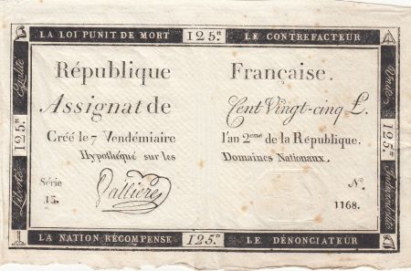 France 125 Livres - 7 Vendémiaire An II - 1793 - Sign. Vallière - Série 13