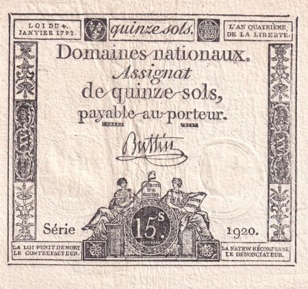 France 15 Sols - Liberté et Droit 04-01-1792 - Sign. Buttin - Série 1920