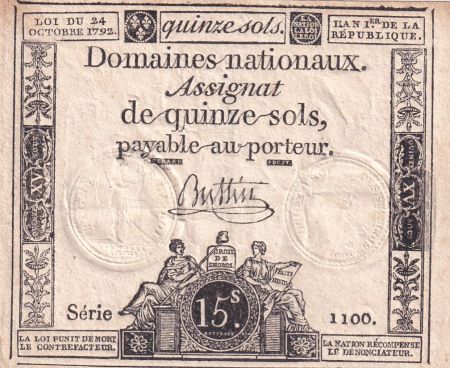 France 15 sols Liberté et Droit (24-10-1792) - Sign. Buttin - Série 1100