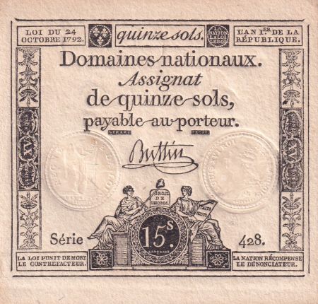 France 15 sols Liberté et Droit (24-10-1792) - Sign. Buttin - Série 428