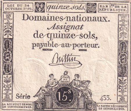 France 15 sols Liberté et Droit (24-10-1792) - Sign. Buttin - Série 433