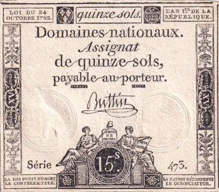 France 15 sols Liberté et Droit (24-10-1792) - Sign. Buttin - Série 473