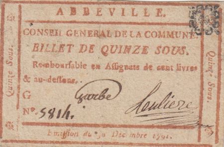 France 15 sous - Somme - Conseil général de la commune d\'Abbeville - 30-12-1791 - Numéro 5814