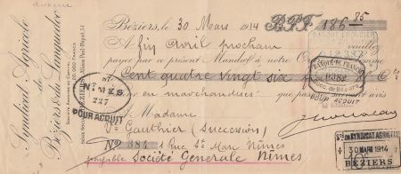 France 186,85 francs - Reçu de chèque de banque - Syndicat agricole de Béziers et du Languedoc - 1914