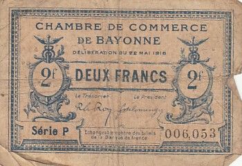 France 2 Francs - Chambre de Commerce de Bayonne - 1916 - B