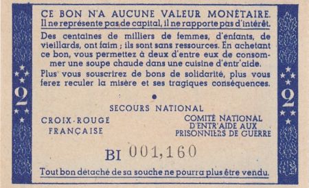 France 2 Francs Bon de Solidarité Pétain - Bol de Soupe 1941-1942 - p.NEUF - Série BI