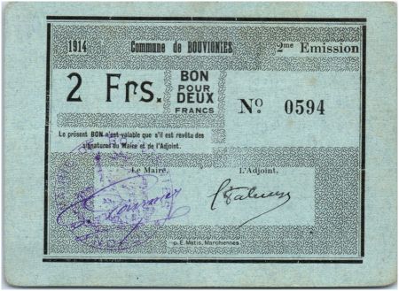 France 2 Francs Bouvignies Commune - 1914