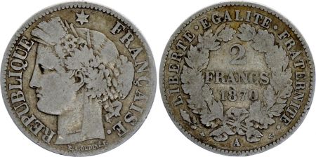 France 2 Francs Cérès - 1870 Grand A Paris - TB + - Argent