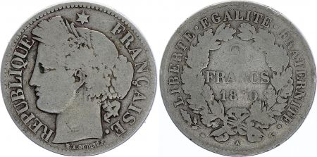 France 2 Francs Cérès - 1870 petit A Paris - pTB - Argent