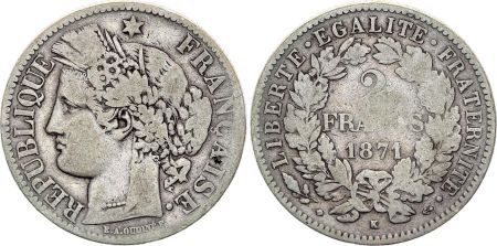 France 2 Francs Cérès - 1871 K Bordeaux - Argent